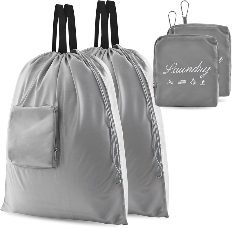 JHX 2 Pcs Travel Laundry Bags, Dirty Clothes Organizer【Upgraded】with Handles and Aluminum Carabiner, Collapsible Laundry Bag for Travel, Camp, Fitness, and Students（Grey） 24"L x 21"W - Image 1